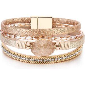 Leather Wrap Bracelet Women Boho Cuff Bangle Crystal Bead Magnetic Jewelry Gift